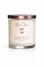 Load image into Gallery viewer, Candle labeled 'Dry Gin' by Mara James on a white background