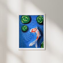 Load image into Gallery viewer, Framed artwork of a Koi fish and green plants on a blue background.