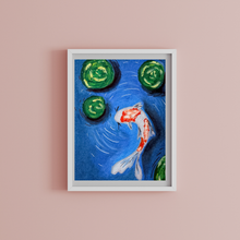 Load image into Gallery viewer, Framed artwork of a fish and lily pads on a blue background