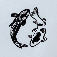 Load image into Gallery viewer, Black and white illustration of a whale and a fish on a light blue background