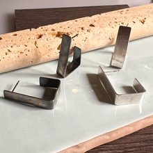 Load image into Gallery viewer, Handcrafted angular hoop earrings in brushed sterling silver by Mara James
