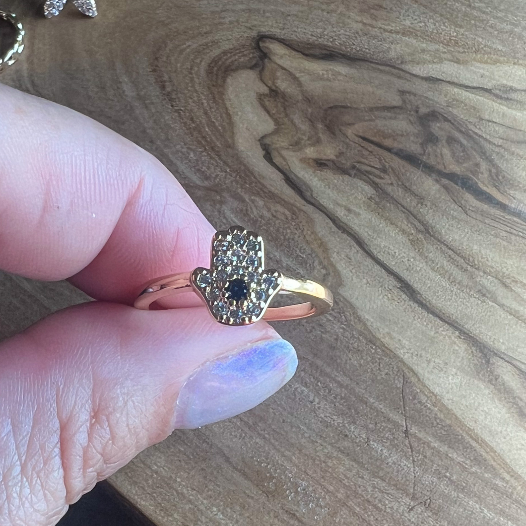 Gold-plated Hamsa hand pave ring , adjustable.