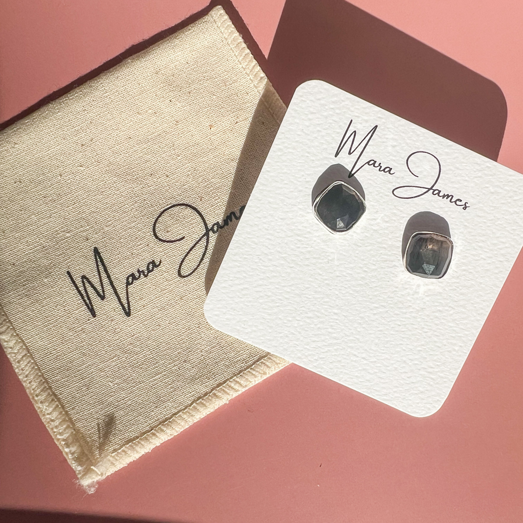 Black Fire Moonstone Studs, Sterling Silver