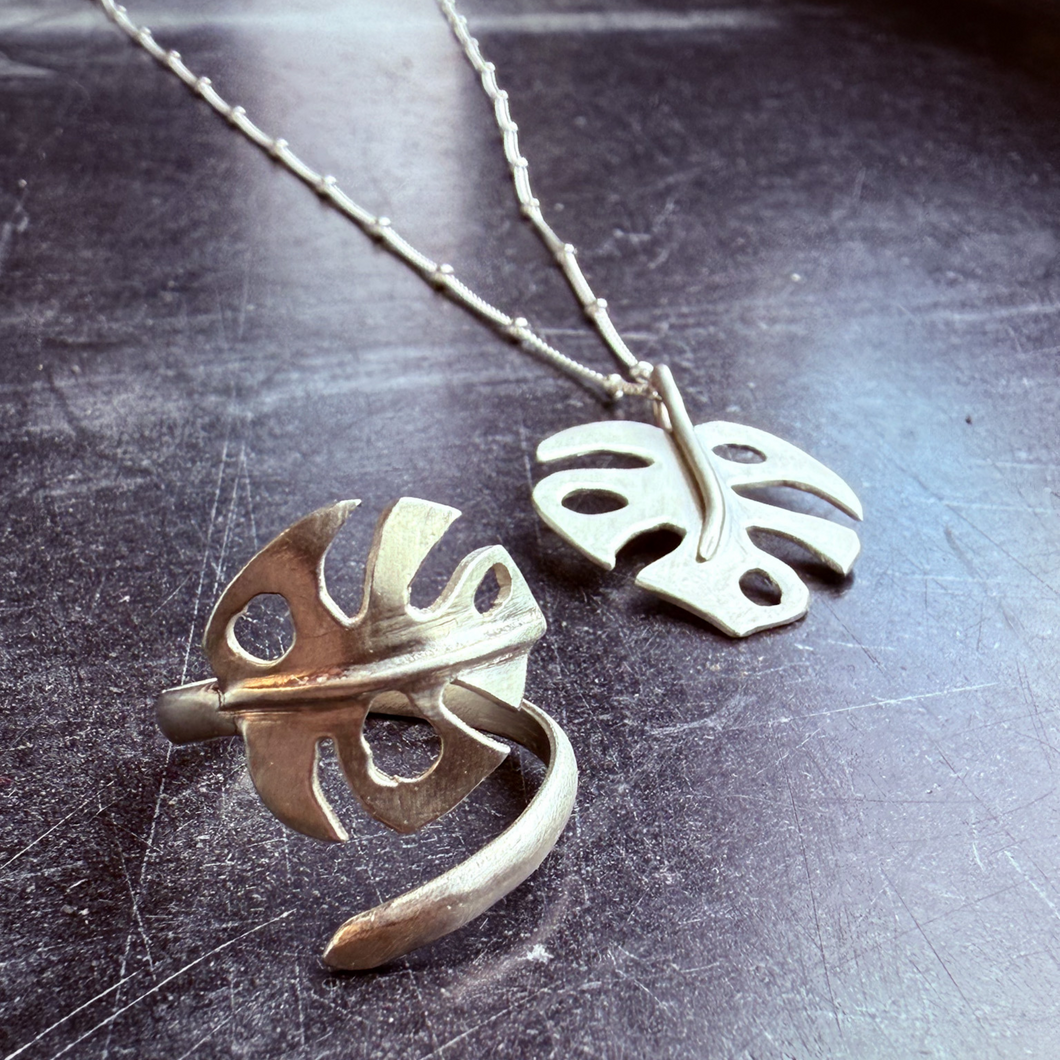 Adjustable Monstera Ring, Sterling Silver