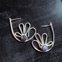 Load image into Gallery viewer, Sterling Silver Organic Form Earrings with Faceted Sapphire
