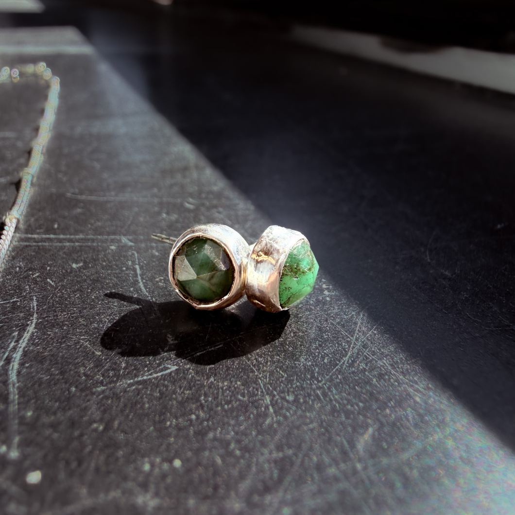 Sterling Silver Natural Emerald Stud Earrings (6 mm Cabochon)