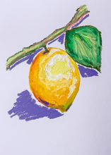 Load image into Gallery viewer, Colorful drawing of a lemon with a green leaf on a white background
