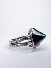 Load image into Gallery viewer, Silver ring with a green gemstone on a white background
