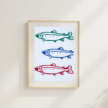 Load image into Gallery viewer, Framed artwork with three stylized fish illustrations in green, blue, and red on a white background.
