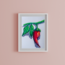 Load image into Gallery viewer, Framed artwork of a red chili pepper on a branch with green leaves against a pink background
