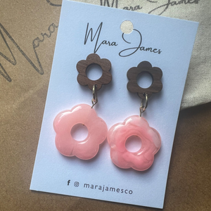 Pink Flower Wood Earrings