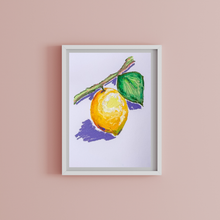 Load image into Gallery viewer, Framed artwork of a lemon on a branch with leaves against a pink background
