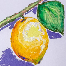 Load image into Gallery viewer, Painting of a lemon with a green leaf on a light purple background
