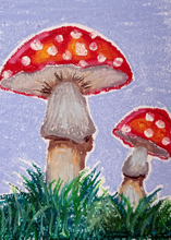 Load image into Gallery viewer, Two red and white mushrooms with green grass on a textured blue background
