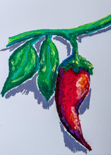 Load image into Gallery viewer, Colorful painting of a red chili pepper with green leaves on a light purple background
