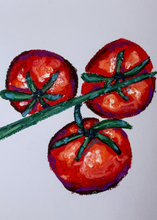 Load image into Gallery viewer, Three red tomatoes with green stems on a light gray background
