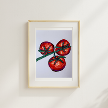 Load image into Gallery viewer, Framed artwork of three red tomatoes on a branch against a light background
